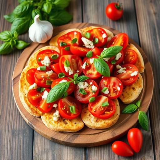 Bruschette miste con pomodorini freschi, basilico, aglio e olio extravergine d'oliva, presentate su un tagliere di legno