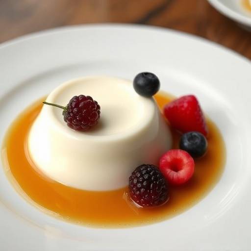 Panna Cotta liscia e vellutata, decorata con frutti di bosco freschi e salsa al caramello
