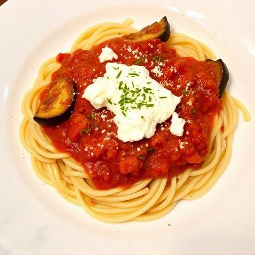 Piatto di Pasta alla Norma con melanzane fritte, salsa di pomodoro, ricotta salata grattugiata e basilico fresco