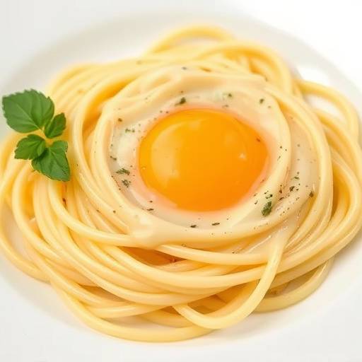 Spaghetti alla Carbonara fumanti serviti in un piatto bianco con tuorlo d'uovo al centro