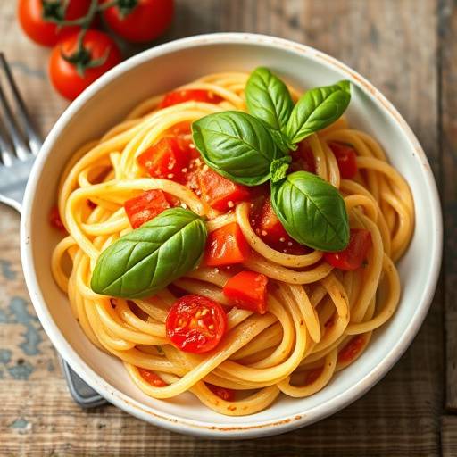Un piatto di pasta fresca fatta in casa con pomodoro e basilico.
