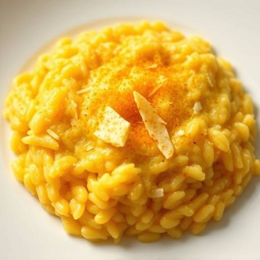 Un piatto di risotto alla milanese con zafferano e parmigiano reggiano.
