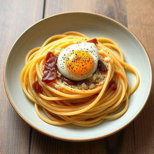 Un piatto di spaghetti alla carbonara con uova, guanciale, pecorino romano e pepe nero.