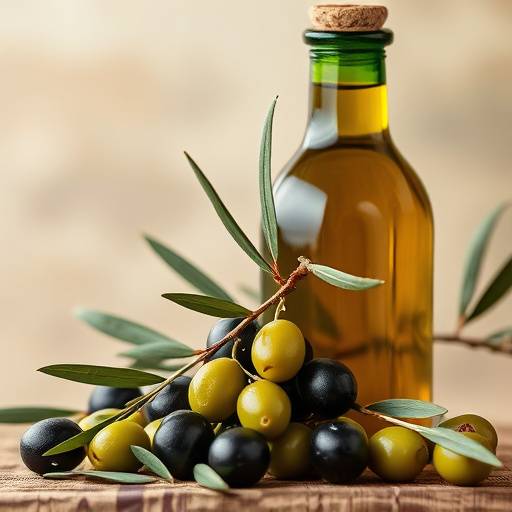 Una bottiglia di olio extra vergine di oliva toscano con olive verdi e nere.