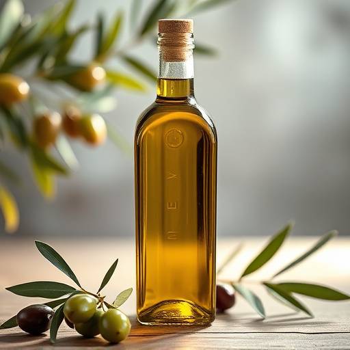 Una bottiglia di olio extra vergine di oliva con olive